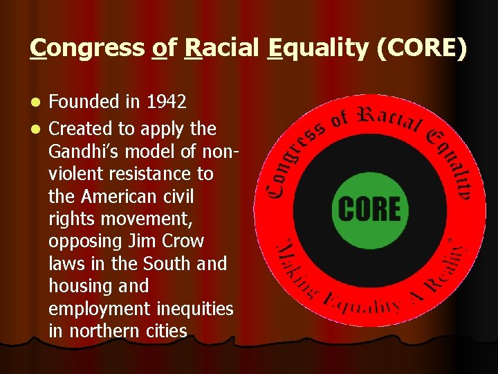 Congress of Racial Equality (CORE) Founded in 1942 l Created to apply the Gandhi’s