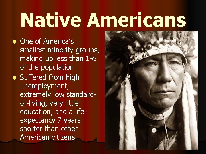 Native Americans One of America’s smallest minority groups, making up less than 1% of