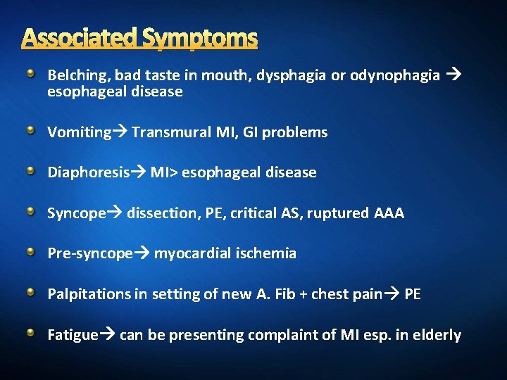 Associated Symptoms Belching, bad taste in mouth, dysphagia or odynophagia esophageal disease Vomiting Transmural