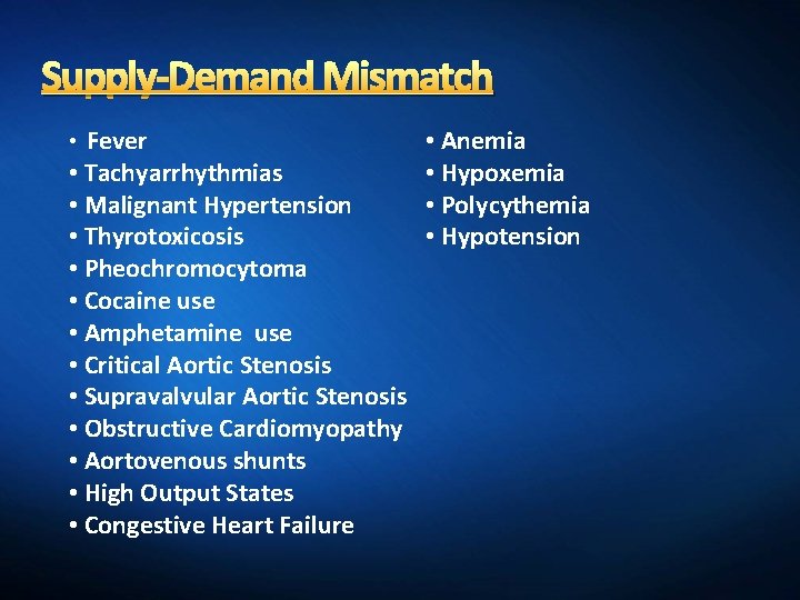 Supply-Demand Mismatch • Fever • Tachyarrhythmias • Malignant Hypertension • Thyrotoxicosis • Pheochromocytoma •