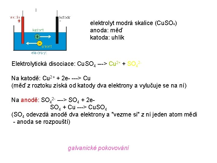 elektrolyt modrá skalice (Cu. SO 4) anoda: měď katoda: uhlík Elektrolytická disociace: Cu. SO