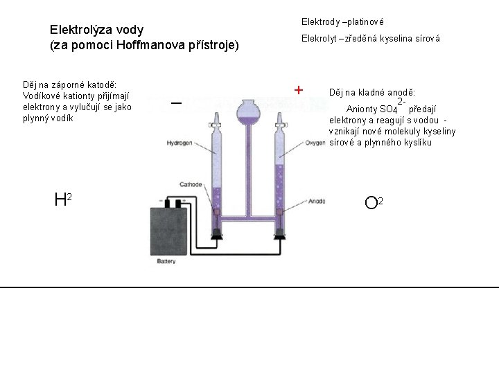 Elektrolýza vody (za pomoci Hoffmanova přístroje) Děj na záporné katodě: Vodíkové kationty přijímají elektrony