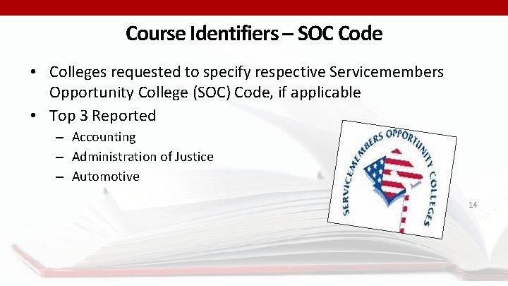 Course Identifiers – SOC Code • Colleges requested to specify respective Servicemembers Opportunity College