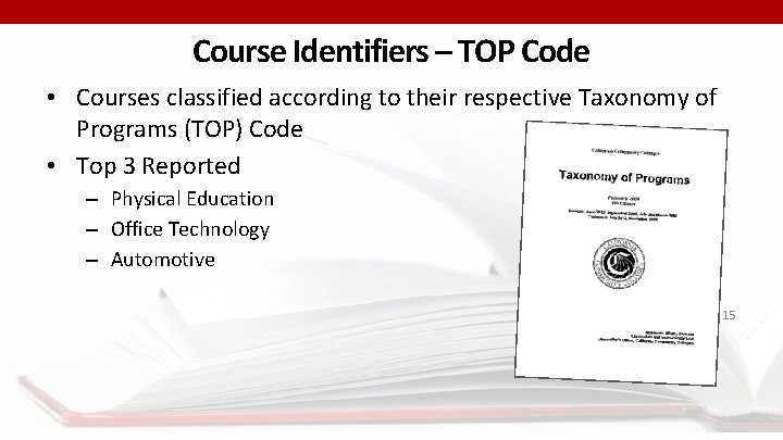 Course Identifiers – TOP Code • Courses classified according to their respective Taxonomy of