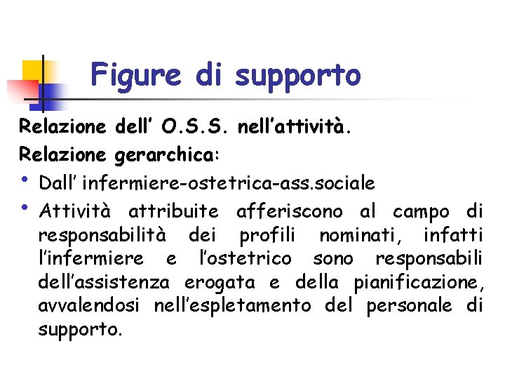 Figure di supporto Relazione dell’ O. S. S. nell’attività. Relazione gerarchica: • Dall’ infermiere-ostetrica-ass. Figure di supporto Relazione dell’ O. S. S. nell’attività. Relazione gerarchica: • Dall’ infermiere-ostetrica-ass.