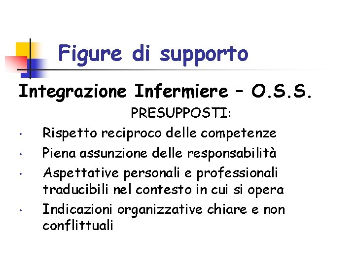 Figure di supporto Integrazione Infermiere – O. S. S. • • PRESUPPOSTI: Rispetto reciproco Figure di supporto Integrazione Infermiere – O. S. S. • • PRESUPPOSTI: Rispetto reciproco