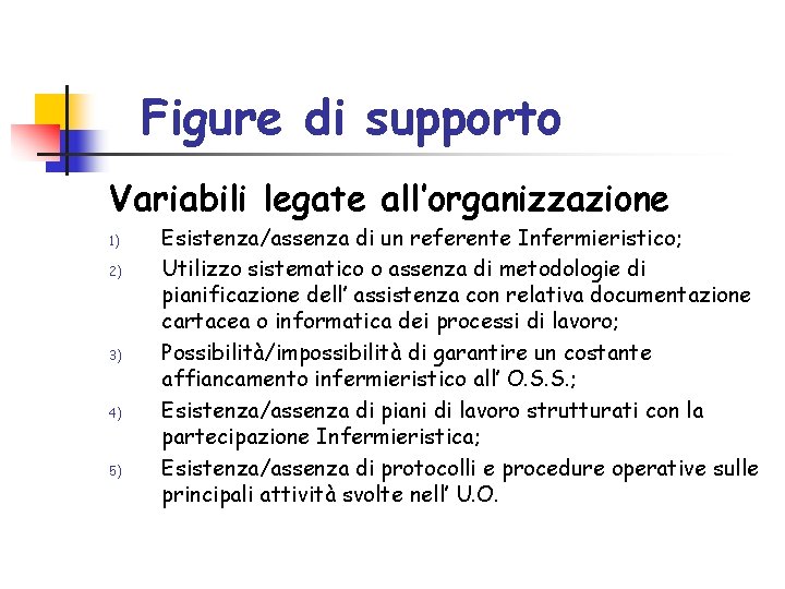 Figure di supporto Variabili legate all’organizzazione 1) 2) 3) 4) 5) Esistenza/assenza di un Figure di supporto Variabili legate all’organizzazione 1) 2) 3) 4) 5) Esistenza/assenza di un