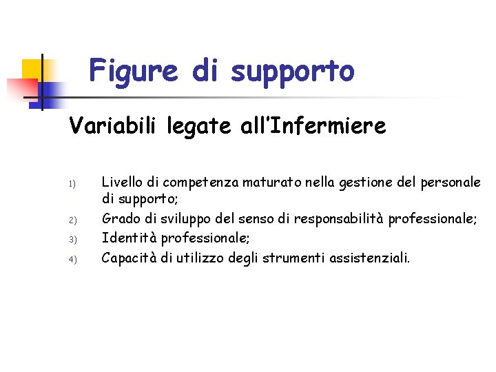 Figure di supporto Variabili legate all’Infermiere 1) 2) 3) 4) Livello di competenza maturato Figure di supporto Variabili legate all’Infermiere 1) 2) 3) 4) Livello di competenza maturato