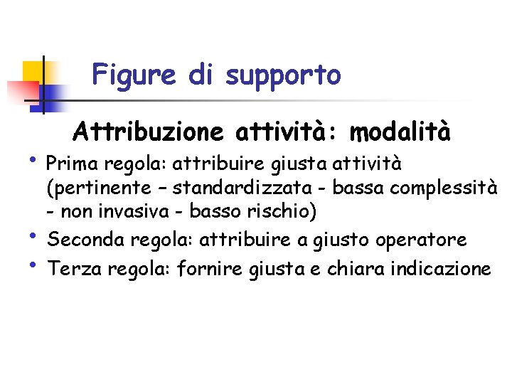 Figure di supporto Attribuzione attività: modalità • Prima regola: attribuire giusta attività • • Figure di supporto Attribuzione attività: modalità • Prima regola: attribuire giusta attività • •