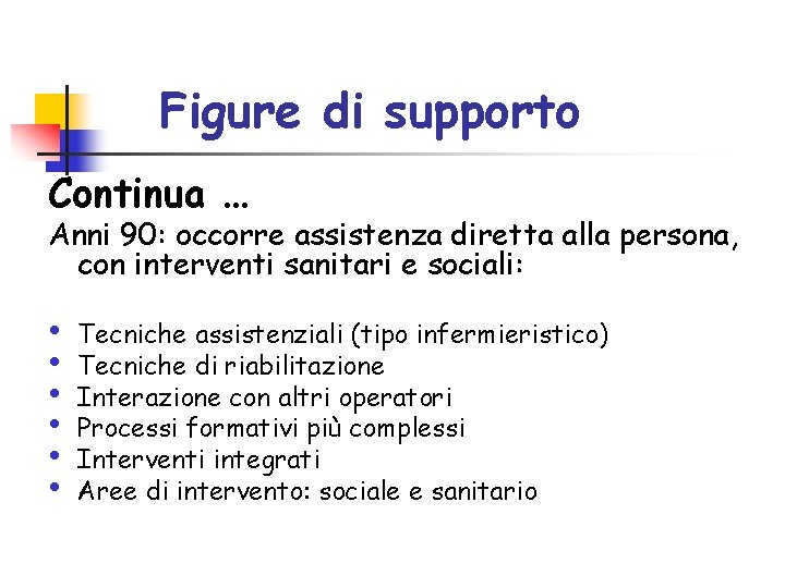 Figure di supporto Continua … Anni 90: occorre assistenza diretta alla persona, con interventi Figure di supporto Continua … Anni 90: occorre assistenza diretta alla persona, con interventi