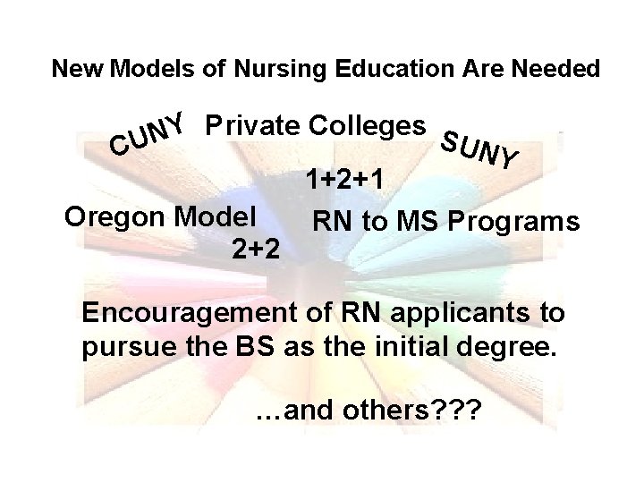New Models of Nursing Education Are Needed Y Private Colleges S N UNY CU