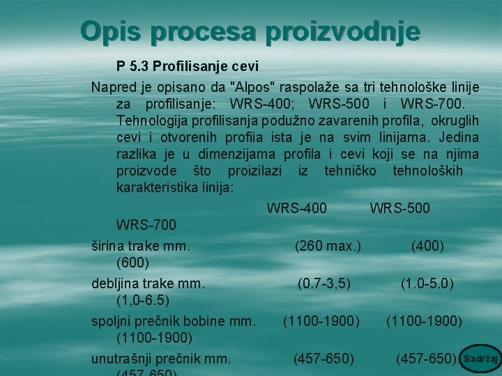 Opis procesa proizvodnje P 5. 3 Profilisanje cevi Napred je opisano da "Alpos" raspolaže