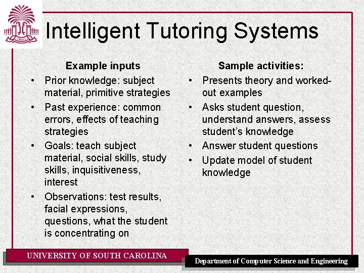 Intelligent Tutoring Systems • • Example inputs Prior knowledge: subject material, primitive strategies Past