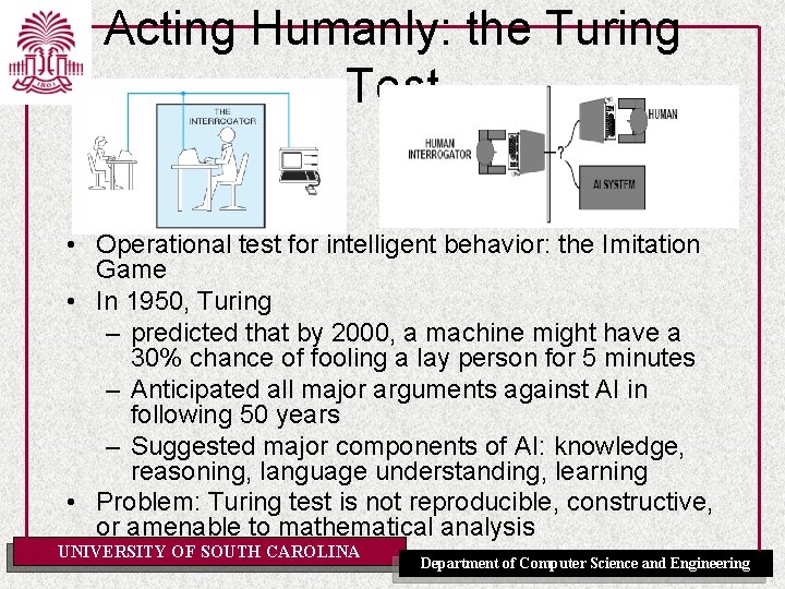 Acting Humanly: the Turing Test • Operational test for intelligent behavior: the Imitation Game