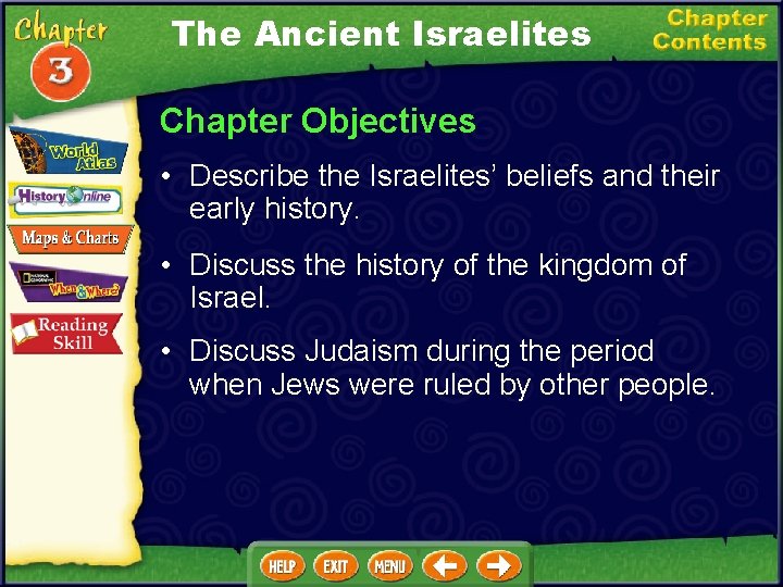 The Ancient Israelites Chapter Objectives • Describe the Israelites’ beliefs and their early history.