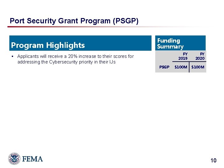 Port Security Grant Program (PSGP) Program Highlights Funding Summary § Applicants will receive a