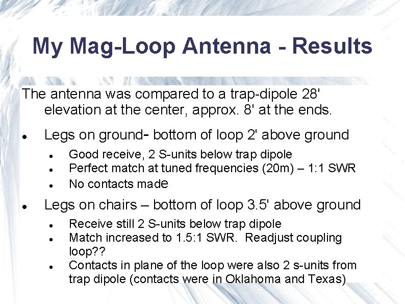My Mag-Loop Antenna - Results The antenna was compared to a trap-dipole 28' elevation My Mag-Loop Antenna - Results The antenna was compared to a trap-dipole 28' elevation