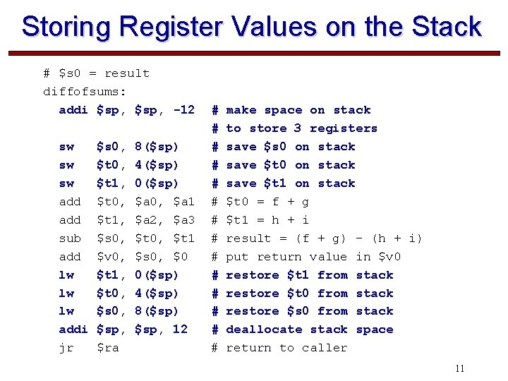 Storing Register Values on the Stack # $s 0 = result diffofsums: addi $sp,