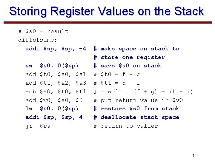 Storing Register Values on the Stack # $s 0 = result diffofsums: addi $sp,