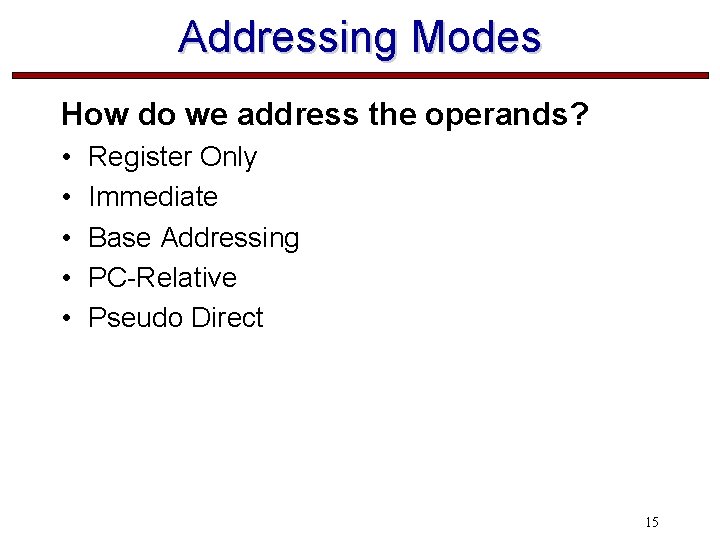 Addressing Modes How do we address the operands? • • • Register Only Immediate