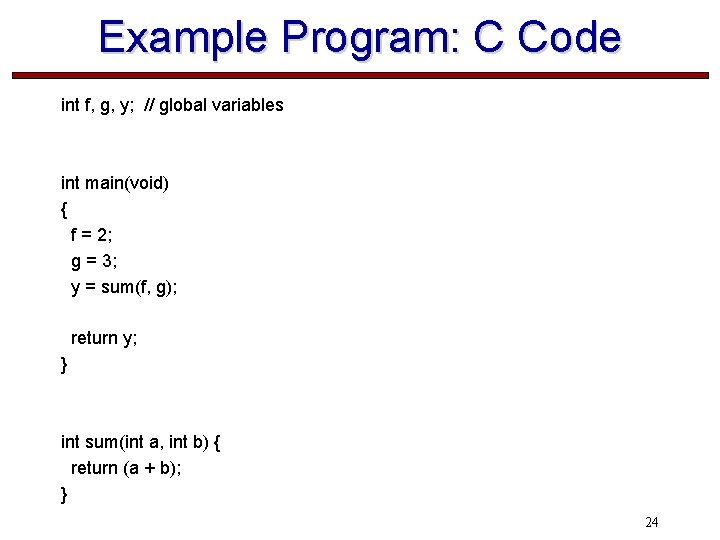 Example Program: C Code int f, g, y; // global variables int main(void) {