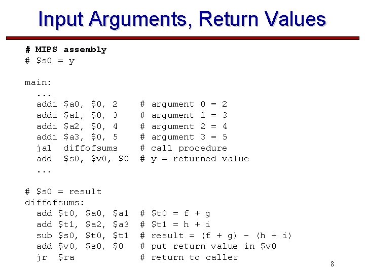Input Arguments, Return Values # MIPS assembly # $s 0 = y main: .