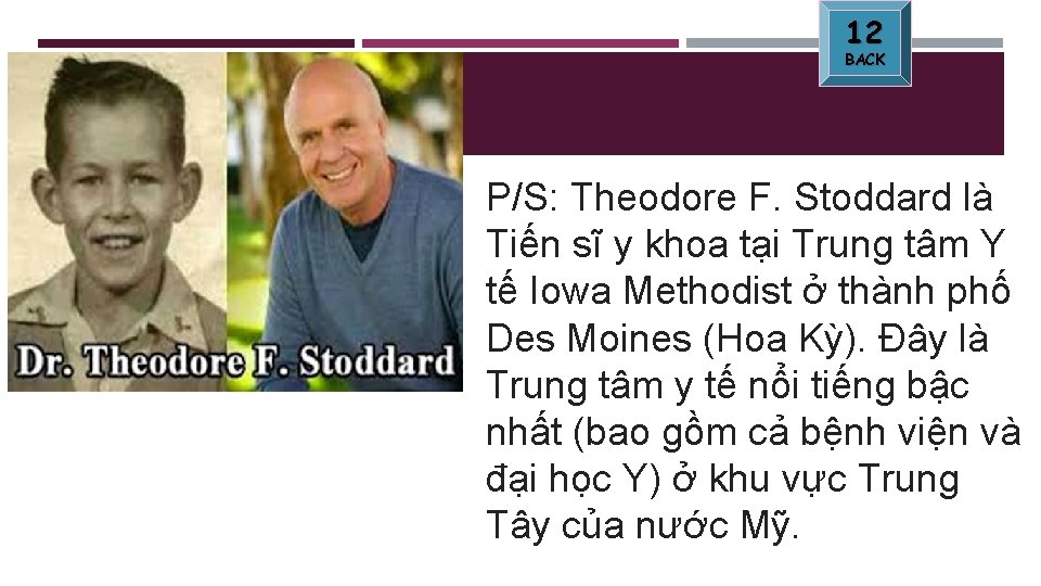 12 BACK P/S: Theodore F. Stoddard là Tiến sĩ y khoa tại Trung tâm