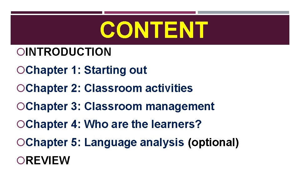 CONTENT INTRODUCTION Chapter 1: Starting out Chapter 2: Classroom activities Chapter 3: Classroom management