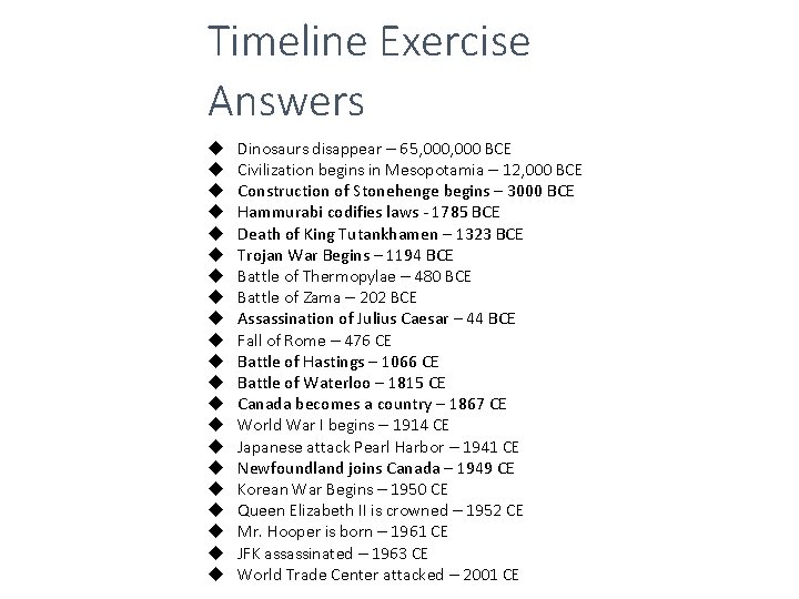 Timeline Exercise Answers Dinosaurs disappear – 65, 000 BCE Civilization begins in Mesopotamia –