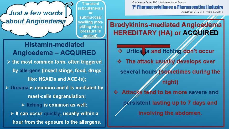 Just a few words about Angioedema Transient subcutaneous or submucosal swelling (nonpitting when pressure