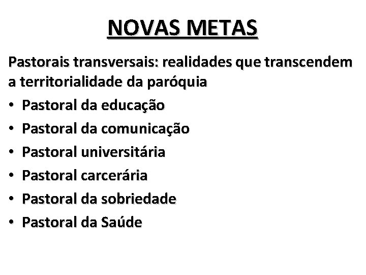 NOVAS METAS Pastorais transversais: realidades que transcendem a territorialidade da paróquia • Pastoral da