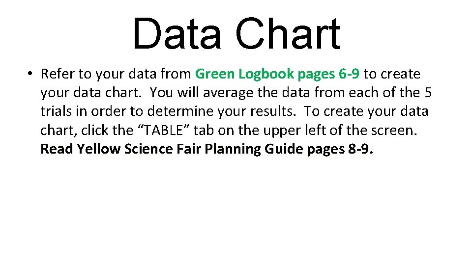 Data Chart • Refer to your data from Green Logbook pages 6 -9 to