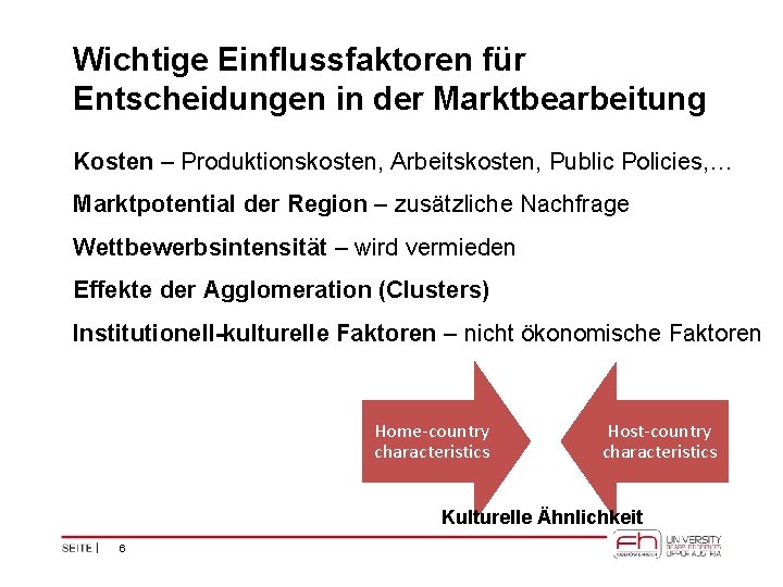 Wichtige Einflussfaktoren für Entscheidungen in der Marktbearbeitung Kosten – Produktionskosten, Arbeitskosten, Public Policies, …