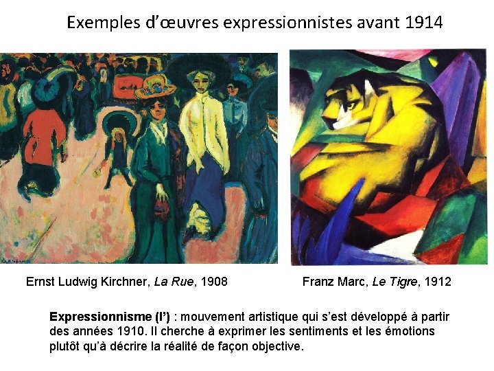 Exemples d’œuvres expressionnistes avant 1914 Ernst Ludwig Kirchner, La Rue, 1908 Franz Marc, Le
