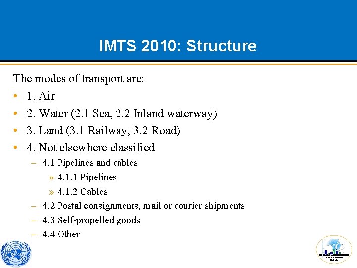 IMTS 2010: Structure The modes of transport are: • 1. Air • 2. Water IMTS 2010: Structure The modes of transport are: • 1. Air • 2. Water
