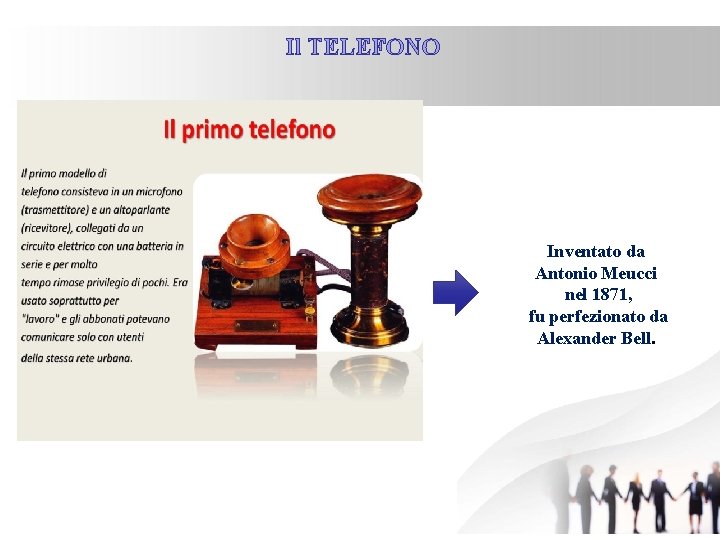 Il TELEFONO Inventato da Antonio Meucci nel 1871, fu perfezionato da Alexander Bell. 