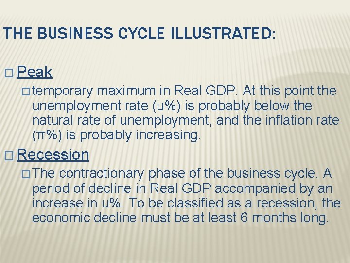 THE BUSINESS CYCLE ILLUSTRATED: � Peak � temporary maximum in Real GDP. At this