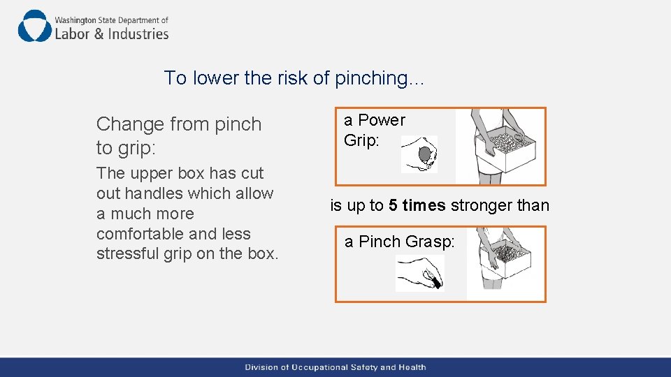 To lower the risk of pinching… Change from pinch to grip: The upper box