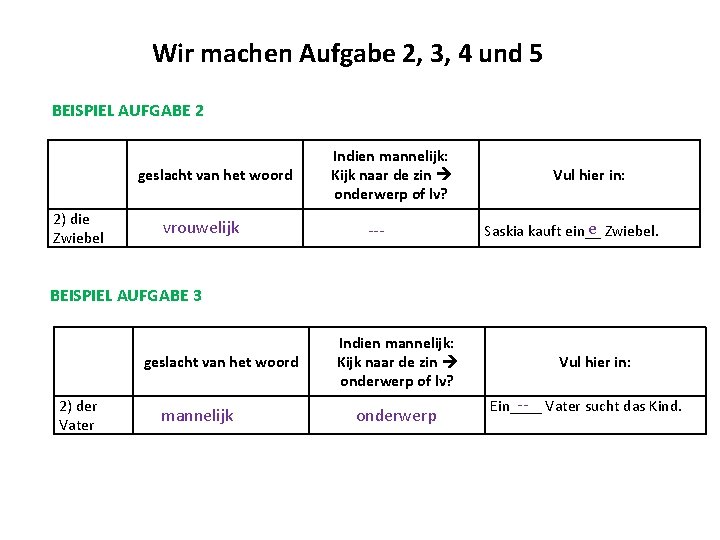 Wir machen Aufgabe 2, 3, 4 und 5 BEISPIEL AUFGABE 2 geslacht van het