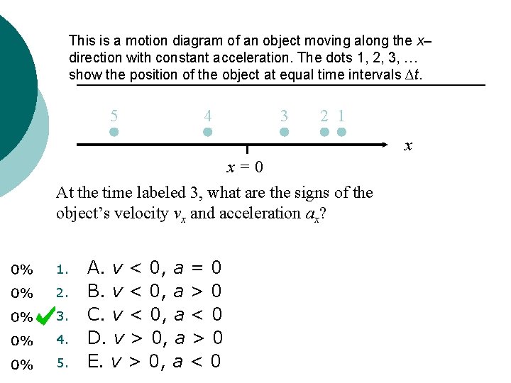 This is a motion diagram of an object moving along the x– direction with