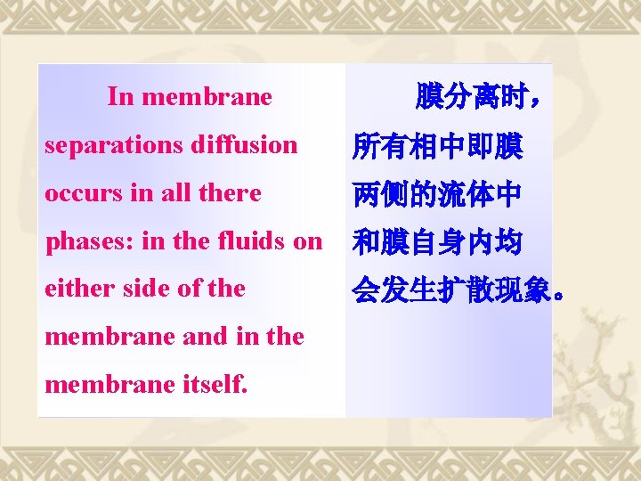 In membrane 膜分离时， separations diffusion 所有相中即膜 occurs in all there 两侧的流体中 phases: in the