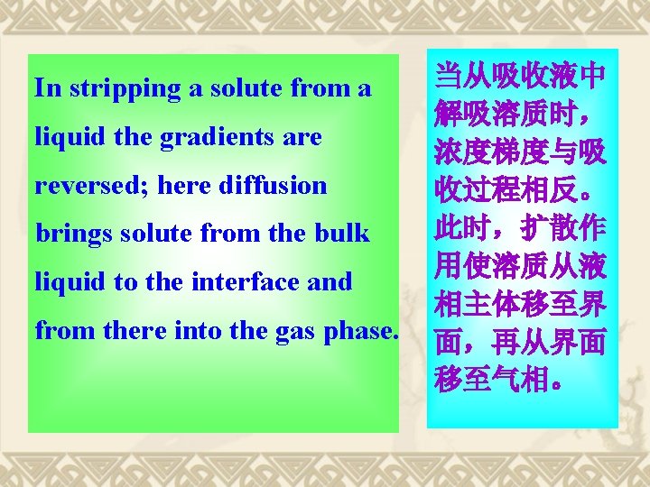 In stripping a solute from a liquid the gradients are reversed; here diffusion brings