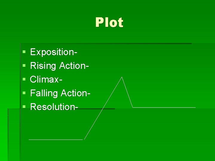 Plot § § § Exposition. Rising Action. Climax. Falling Action. Resolution- 