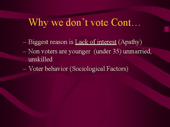 Why we don’t vote Cont… – Biggest reason is Lack of interest (Apathy) –