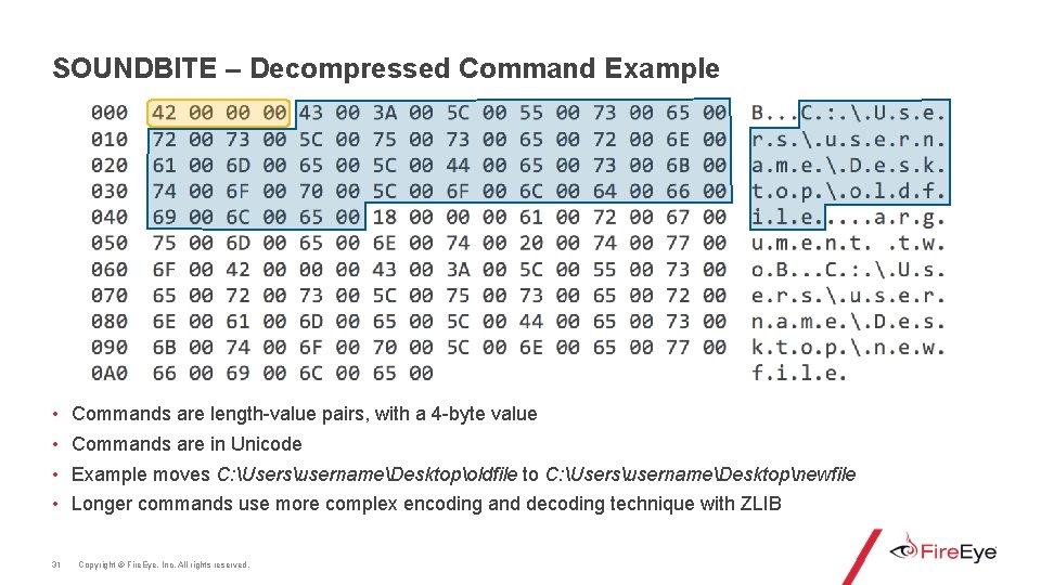 SOUNDBITE – Decompressed Command Example • • 31 Commands are length-value pairs, with a
