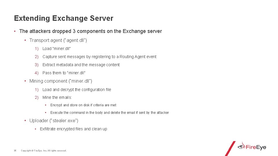 Extending Exchange Server • The attackers dropped 3 components on the Exchange server •