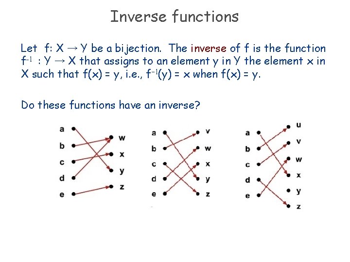 Inverse functions Let f: X → Y be a bijection. The inverse of f