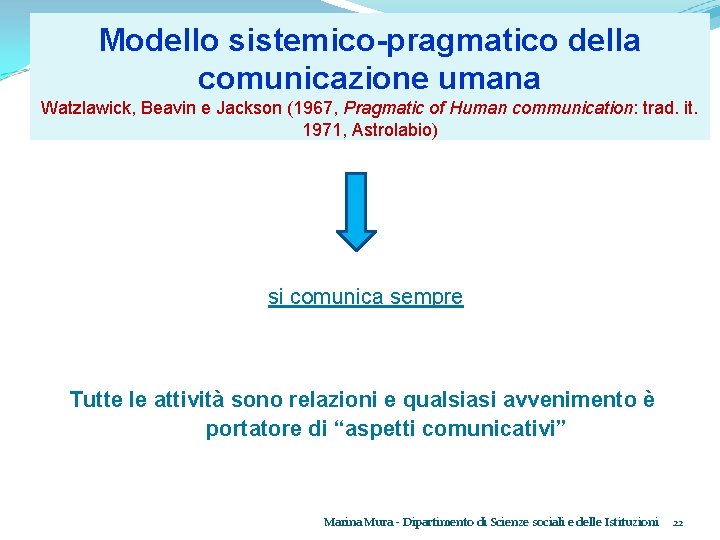 Modello sistemico-pragmatico della comunicazione umana Watzlawick, Beavin e Jackson (1967, Pragmatic of Human communication:
