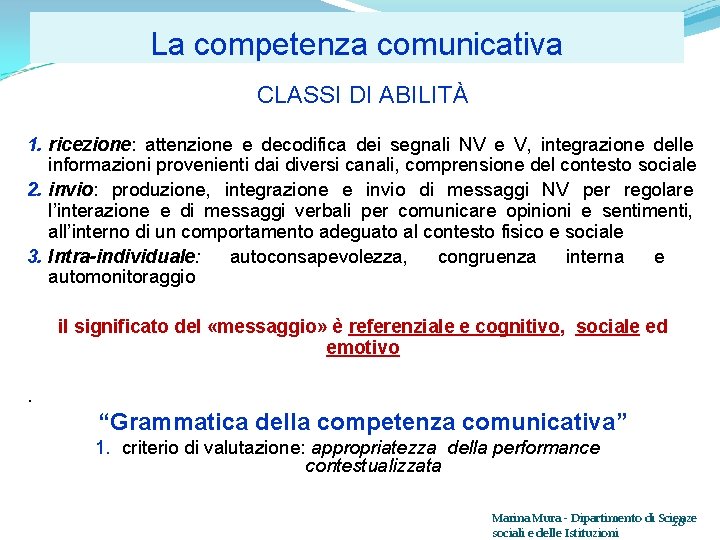 La competenza comunicativa CLASSI DI ABILITÀ 1. ricezione: attenzione e decodifica dei segnali NV